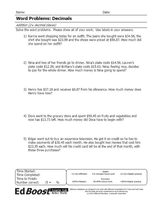 Word Problems - Decimal Addition (to 2 decimal places) | EdBoost.
